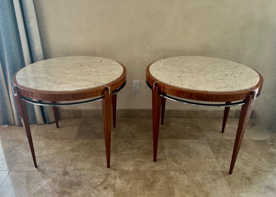 PAIR LACQUER WOOD ROUND MARBLE TOP END TABLES WITH SPIKE LEGS & CHROME DETAIL Circa 1990s - 33' WIDE BY  28' H