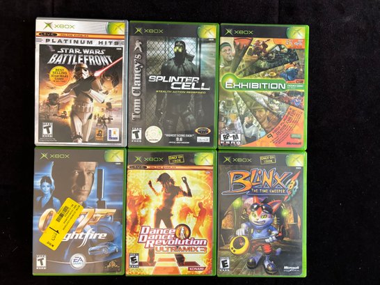 (D-8) COLLECTION OF SIX XBOX ASSORTED GAMES IN CASES - DDR, SPLINTER CELL, STAR WARS