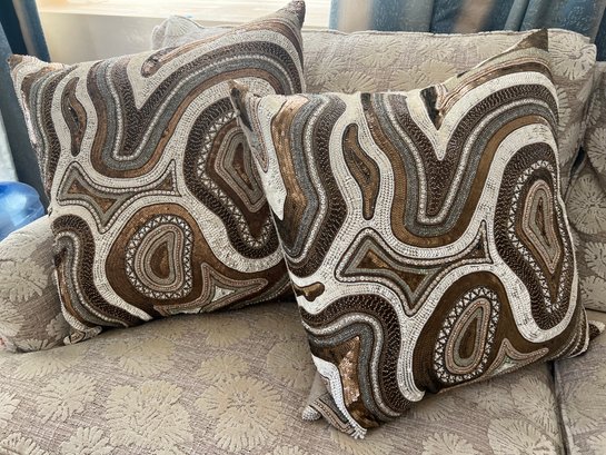 PAIR OF 'BLISS STUDIO' 24' SQUARE EMBELLISHED PILLOWS - GOLD, BRONZE SEQUIN & TAN LINEN - RETAIL $800  EACH