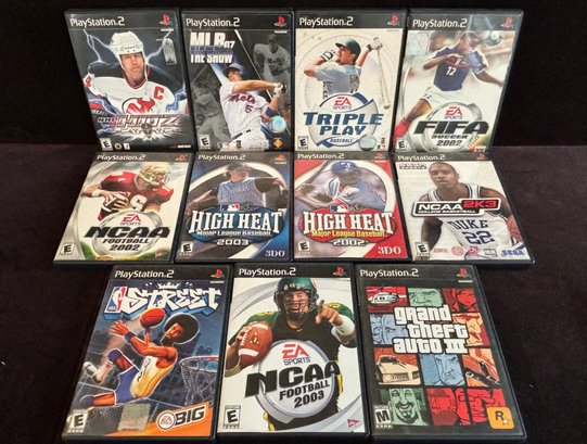 (D-13) COLLECTION OF ELEVEN PLAYSTATION 2 ASSORTED GAMES IN CASES - HIGH HEAT, GTA, NCAA,