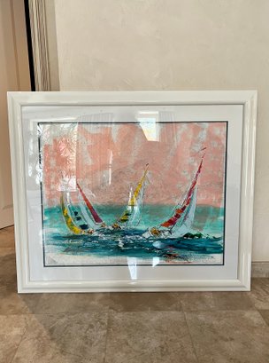 (A-3) KERRY HALLAM MIXED MEDIA SEASCAPE W/SAILBOATS- ACRYLIC PAINTED ON NAUTICAL CHART MAP - 54' BY 46'