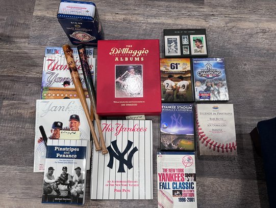 (A-50) VINTAGE COLLECTION OF N.Y. YANKEES MEMORABILIA - SIGNED BOOKS, DVD'S, MINI BATS