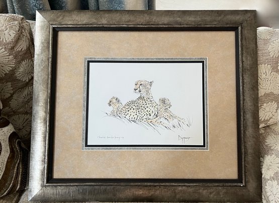 (A-11) ORIGINAL FRAMED DRAWING BY PETER DIGGERY, S. AFRICA - 'CHEETAH FAMILY LYING UP'- 26' BY 30'