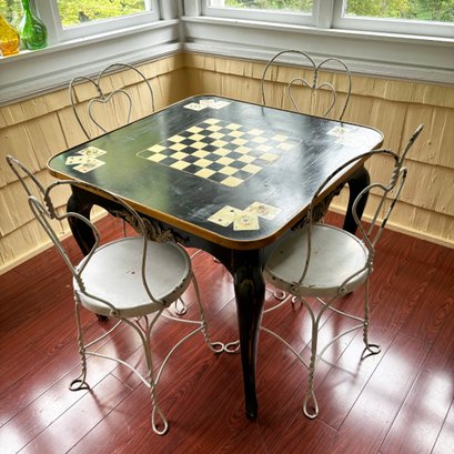 (KX-17) VINTAGE WOOD CARD/CHECKER TABLE W/STORAGE PLUS 4 METAL CHAIRS-SEE BELOW-LOCAL PICK UP ONLY