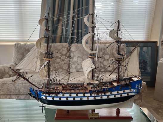 (A) FINELY DETAILED 'LE PROTECTEUR' HAND MADE MODEL WOODEN SHIP -WITH STAND - 32'W BY 31'H BY 6'D