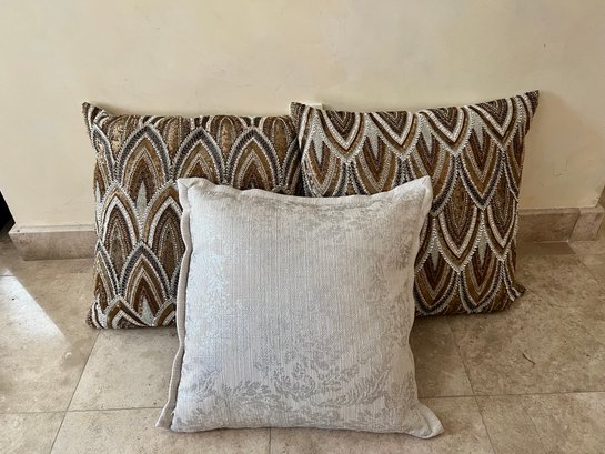 PAIR OF 'BLISS STUDIO' 24' SQUARE EMBELLISHED PILLOWS - GOLD, BRONZE SEQUIN & TAN UNMARKED PILLOW-RETAIL $800