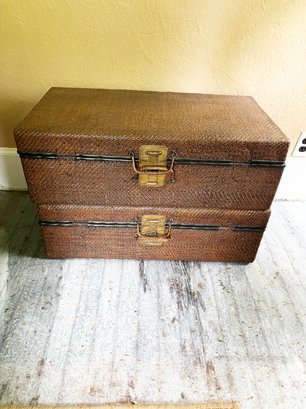 (KX) PAIR OF VINTAGE RATTAN AND METAL SUITCASES WITH LINED WOOD INTERIORS-LOCAL PICK UP ONLY-SEE BELOW