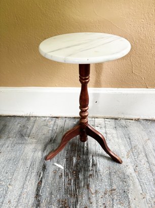 (KX) VINTAGE SMALL MARBLE AND WOOD TABLE-22' X 12'-LOCAL PICK UP ONLY