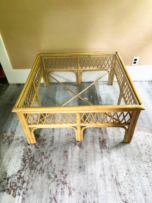 (KX) VINTAGE BAMBOO/RATTAN AND GLASS COFFEE TABLE-37' X 37' X17' TALL-LOCAL PU ONLY