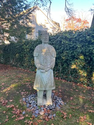 LIFE SIZE CHINESE CARVED TERRACOTTA ARMY SOLDIER STATUE - JADE? STONE? - PURCHASED IN CHINA -76' TALL BY 24'W