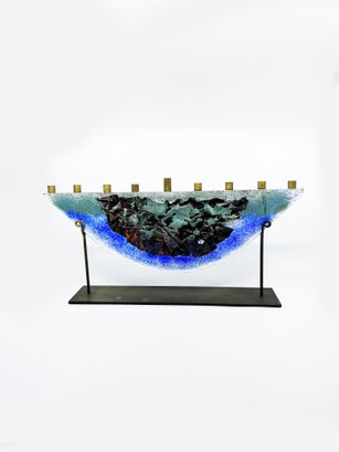(B-54) BEAUTIFUL COLORED GLASS MENORAH ON METAL STAND-APPROX. 17' X 18 1/2'