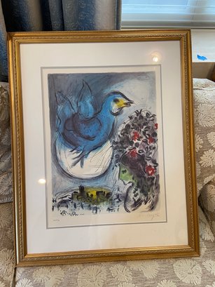 (A-55) VINTAGE MARC CHAGALL, 'THE BLUEBIRD' FRAMED PENCIL SIGNED LITHO - 163/500 - 28' BY 36'