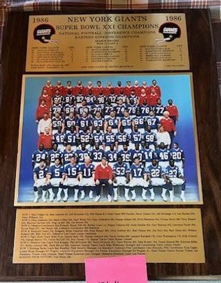 (GAR) 2ND 1986 NEW YORK GIANTS SUPER BOWL XX1 CHAMPIONS PLAQUE WITH MOUNTED TEAM PICTURE & STATS - 15' BY 16'