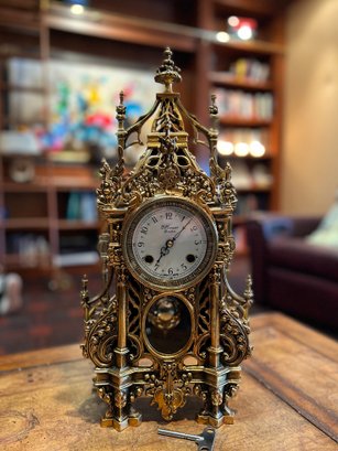 (UB216) ANTIQUE GERMANY 'FRANZ HERMLE' ORNATE BRASS MANTLE CLOCK -20' HIGH BY 9' WIDE BY 5' DEEP -REPLACED KEY