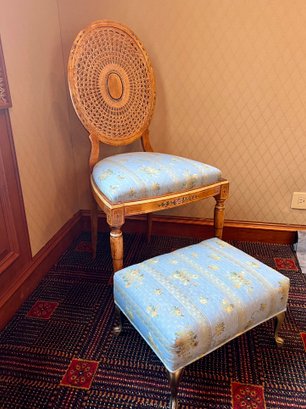 (U) ANTIQUE 'ADAMS STYLE' PETITE LADIES VANITY CHAIR WITH MATCHING FOOTSTOOL - CANE BACK, HAND PAINTED LEGS