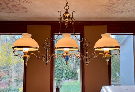 GORGEOUS TRIPLE LIGHT BRASS FIXTURE WITH TORCH FLAME & URN DECORATION -70' LONG BY 17' WIDE W/50' DROP