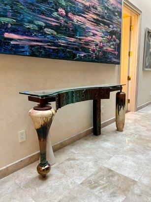 MAGNIFICENT MIXED MATERIAL CONSOLE TABLE - ONE OF A KIND BRUTALIST - BRONZE & POTTERY- SIGNED - WOW PIECE!