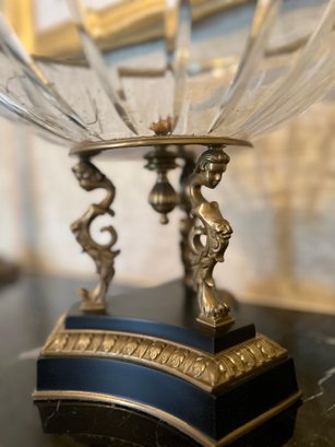 (DR) ELEGANT FIGURAL BRASS & GLASS CENTERPIECE BOWL, HEAVY WITH NEOCLASSICAL WOMEN DETAIL - 13' BY 11'