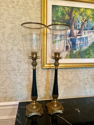 (DR) ELEGANT PAIR OF BRASS & HURRICANE GLASS CANDLE HOLDERS, HEAVY WITH PINEAPPLE DETAIL - 27'H ON 8' BASE