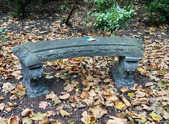 CURVED CEMENT GARDEN BENCH WITH MATCHING TWO PIECE LEGS - POMEGRANATE OR PEACH DECORATION - 14' BY 47'