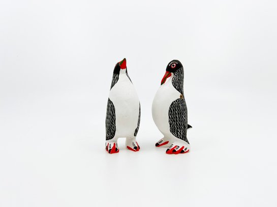 (UB-53) LOT OF 2 HAND CARVED AND HAND PAINTED BLACK/WHITE PENGUINS-APPROX. 3 3/4'T-MEXICO
