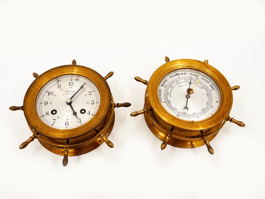 (C-3) VINTAGE BRASS NAUTICAL ADMIRALTY SHIPS BELL CLOCK & ADMIRALTY BAROMETER BY 'LOW CLOCK CO' - 7'