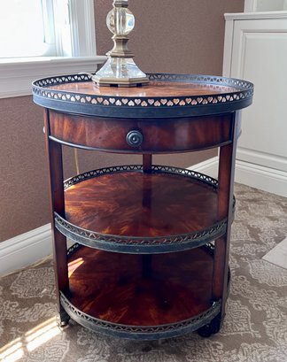 (UPLIB) LOVELY ROUND HICKORY WHITE THREE TIERED OCCASIONAL TABLE W/ONE DRAWER & BRASS DETAIL -27'H BY 22'W