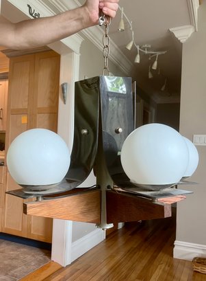 MID CENTURY MOD HANGING LIGHT FIXTURE - WOOD FRAME WITH SIX GLOBE LIGHTS - GRAY STEEL ACCENT - 22' ACROSS,16 H
