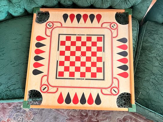 (C-64) VINTAGE CARROM GAME BOARD DOUBLE SIDED-BOARD ONLY-4 NETS