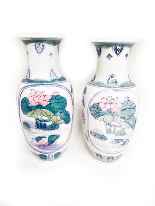 (B-76) VINTAGE PAIR OF ASIAN STYLE PORCELAIN VASES-WHIRE/GREEN/PINK-APPROX. 12' TALL