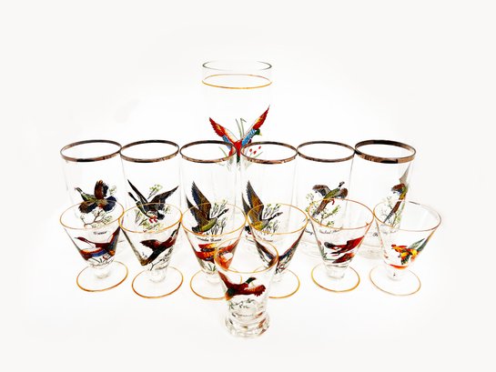 (B-68) VINTAGE LOT OF 14 BIRD RELATED GLASSES-DIFFERENT BIRDS DIFFERENT SIZES-SEE IMAGES