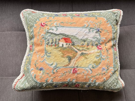 (B-65) VINTAGE NEEDLEPOINT THROW PILLOW-APPROX. 18' WIDE-RED ROOF HOUSE-GREEN/ORANGE/RED