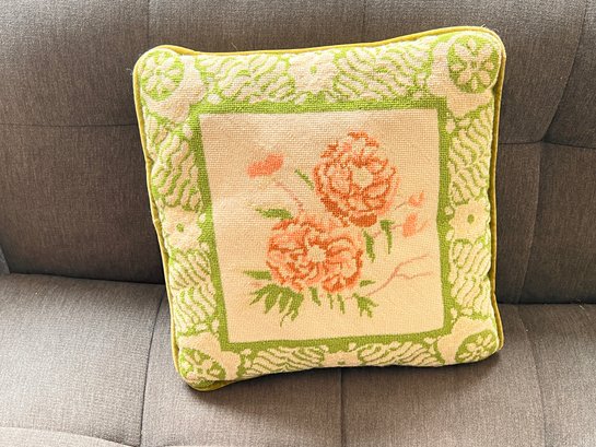 (B-64) VINTAGE NEEDLEPOINT PILLOW-APPROX. 12' FLORAL DESIGN-IVORY/YELLOW/RED
