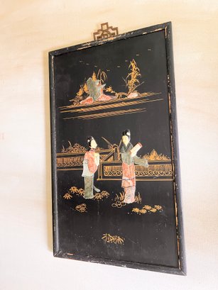 (GA-28) VINTAGE JAPANESE BLACK LACQUER AND STONE WOOD HANGING PANEL-APPROX. 12' X 20'