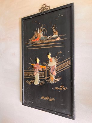 (GA-29) VINTAGE JAPANESE BLACK LACQUER AND STONE WOOD HANGING PANEL-APPROX. 12' X 20'