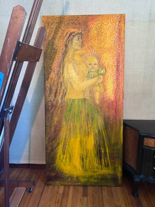 HUGE ORIGINAL OIL PAINTING ON CANVAS MOTHER & CHILD IN YELLOW BY YONA KNISPEL (GOLDSTEIN, DEVERON) -80' BY 35'