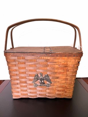 (GA-31) VINTAGE LARGE WOVEN PICNIC BASKET-APPROX. 20' X 13' X 13'-WITH EAGLE INSIGNIA