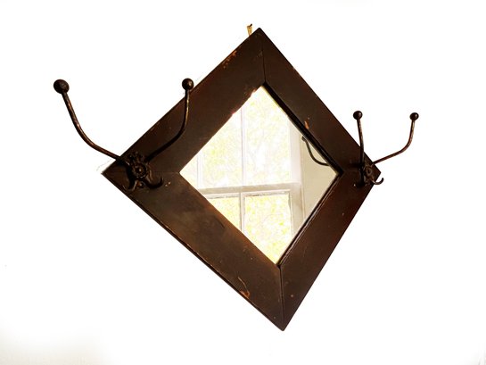 (GA-47) ANTIQUE WOOD AND METAL HANGING COAT MIRROR-APPROX. 16' X 16'-ITEM CAN BE SHIPPED