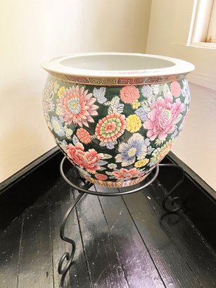 (GA-48) VINTAGE ASIAN STYLE PLANTER-HAND PAINTED-APPROX. 12' X 14'-WITH METAL STAND-ITEM CANNOT BE SHIPPED