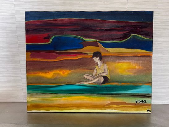 (A-23) VINTAGE 1966 YONA KNISPEL (-2024) OIL PAINTING - BOY ALONE ON THE BEACH- 24' BY 30'