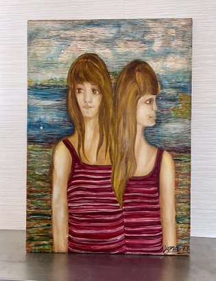 (A-21) VINTAGE 1966 YONA KNISPEL (-2024) OIL PAINTING - TWINS - 26' BY 37'