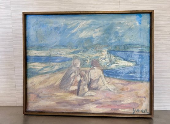(A-26) ORIGINAL1966 YONA KNISPEL (-2024) OIL PAINTING - TRANQUIL ABSTRACT FAMILY DAY AT THE BEACH- 25' BY 31'