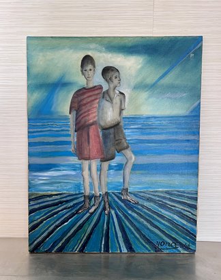 (A-22) ORIGINAL1966 YONA KNISPEL (-2024) OIL PAINTING -BROTHERS AT THE WATER'S EDGE- 24' BY 30'