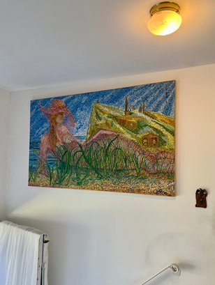 HUGE ORIGINAL 196O'S POINTILLIST OIL PAINTING ON CANVAS - BEACH SCAPE WITH PINK LADY BY YONA KNISPEL (GOLDSTEI