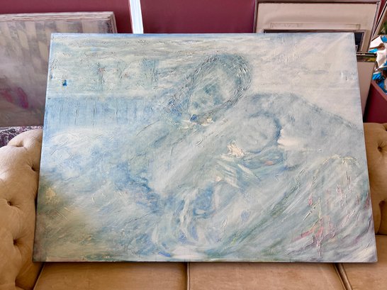 (BOX) ORIGINAL 1966 YONA KNISPEL (1938-2024) OIL PAINTING -OVERSIZED CANVAS MOTHER & CHILD ABSTRACT-50' BY 36'