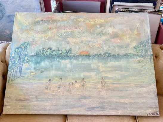(BOX) ORIGINAL 1966 YONA KNISPEL (1938-2024) OIL PAINTING -BEACH WITH SETTING SUN-OVERSIZED CANVAS -50' BY 36'