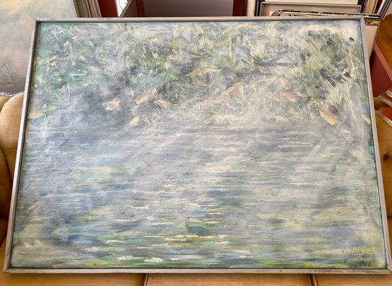 (BOX) ORIGINAL 1966 YONA KNISPEL (1938-2024) OIL PAINTING -ABSTRACT BLUES & GREEN-OVERSIZED CANVAS -50' BY 36'