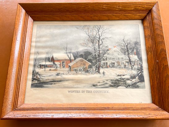 (KX-210) VINTAGE FRAMED CURRIER AND IVES PRINT-WINTER ION THE COUNTRY-20' X 15'