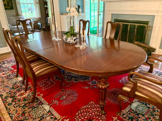 ELEGANT MAHOGANY DINING TABLE WITH EIGHT CHAIRS & TWO 22' LEAVES - 75' BY 48' BY 29'