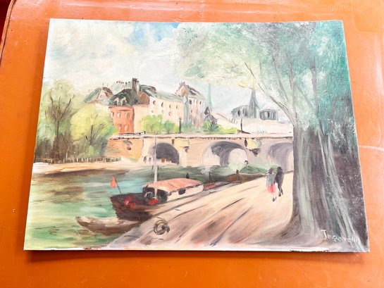 (KX-205) VINTAGE OIL ON CANVAS PAINTING BY 'TAGARELLI-SCENE BY RIVER-24' X 18'